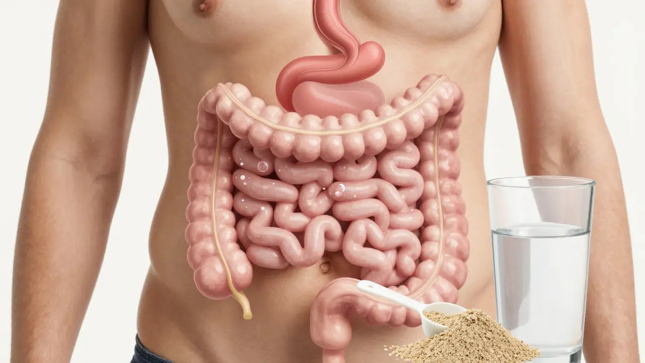 Ein schematischer Blick auf den Darm mit Blähungen, neben einem Hanfprotein-Löffel und einem Wasserglas.