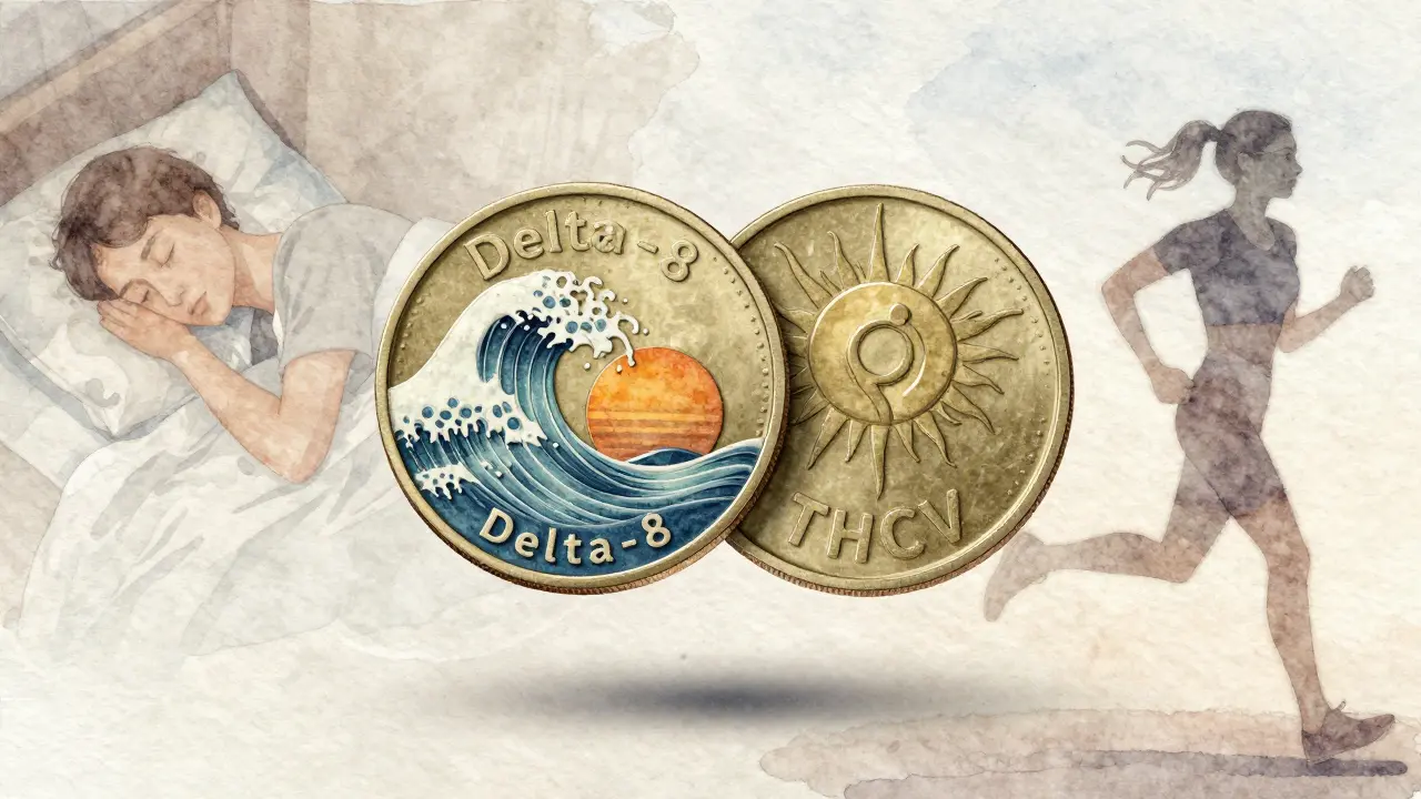 Eine doppelseitige Münze mit Symbolen für Entspannung und Energie, im sanften Licht schwebend.