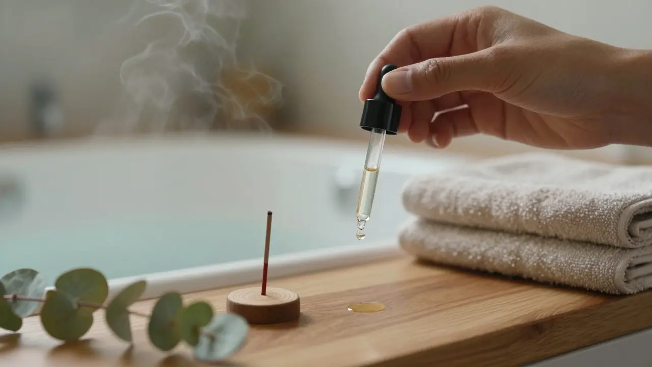 Eine Hand hält einen Tropfen HHC-Öl über Holz, während im Hintergrund ein warmes Bad mit Kerzen und Duftstäbchen zu sehen ist.