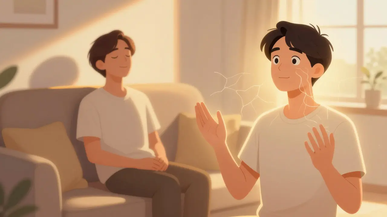 Eine Person entspannt auf der Couch, eine andere wach und fokussiert im Morgenlicht.