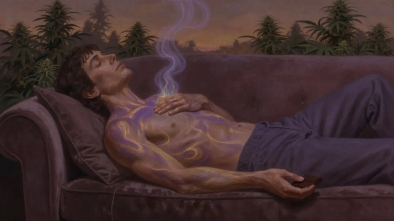 Eine Person entspannt auf einem Sofa, sanfte Lichtströme steigen von ihrem Körper auf, symbolisierend tiefe körperliche Entspannung.