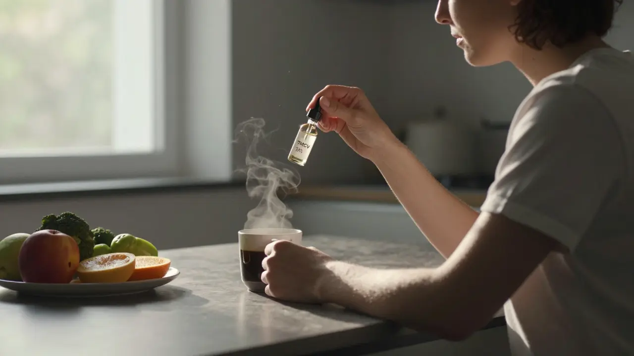 Eine Person hält eine THCV-Öl-Flasche am Morgen am Küchentisch, neben einem Kaffee und frischem Obst, in ruhiger, natürlicher Atmosphäre.