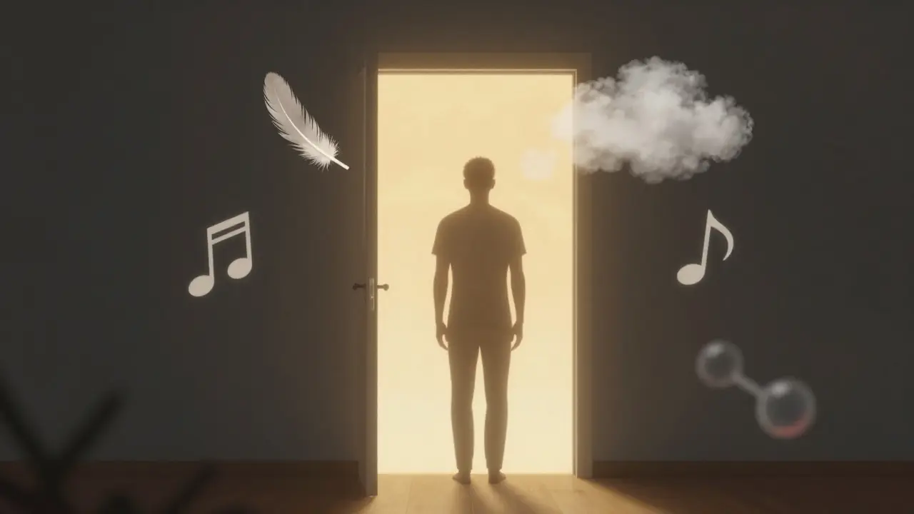 Eine Person steht an einer Türschwelle, umgeben von abstrakten Symbolen von Berührung, Atmung und Klang – eine Metapher für bewusste Erregung ohne Chemie.