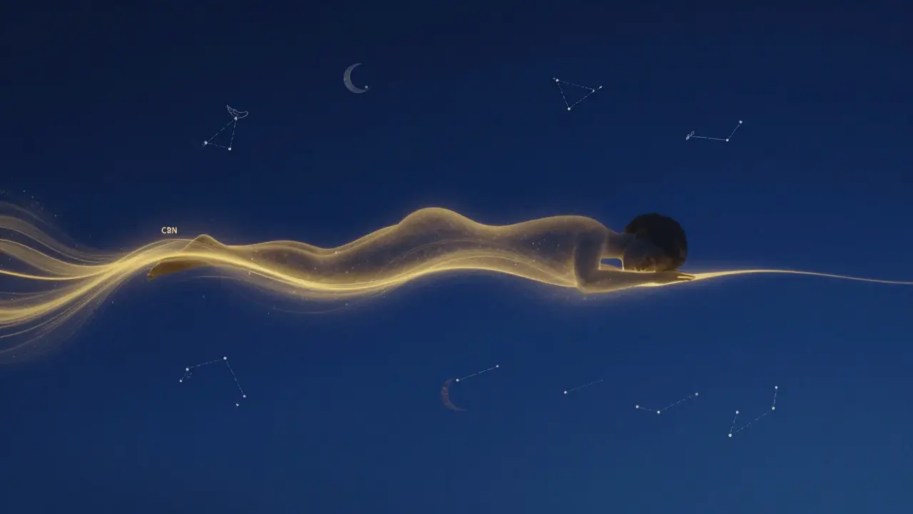 Eine Silhouette im Nachthimmel, von goldenen Wellen sanft umgeben, die tiefen Schlaf symbolisieren.