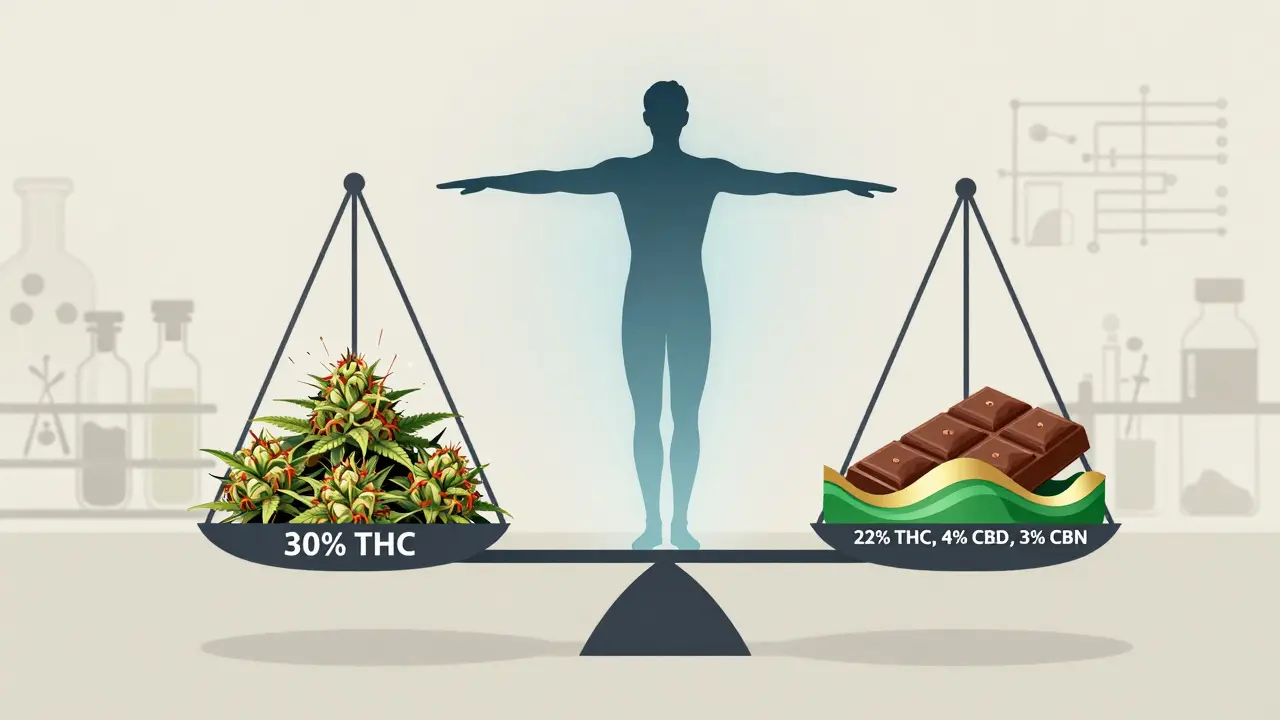 Eine Waage, die eine hoch-THC-Blüte mit einem ausgewogenen Cannabis-Schokoladenprodukt vergleicht, begleitet von einem entspannten Menschen.