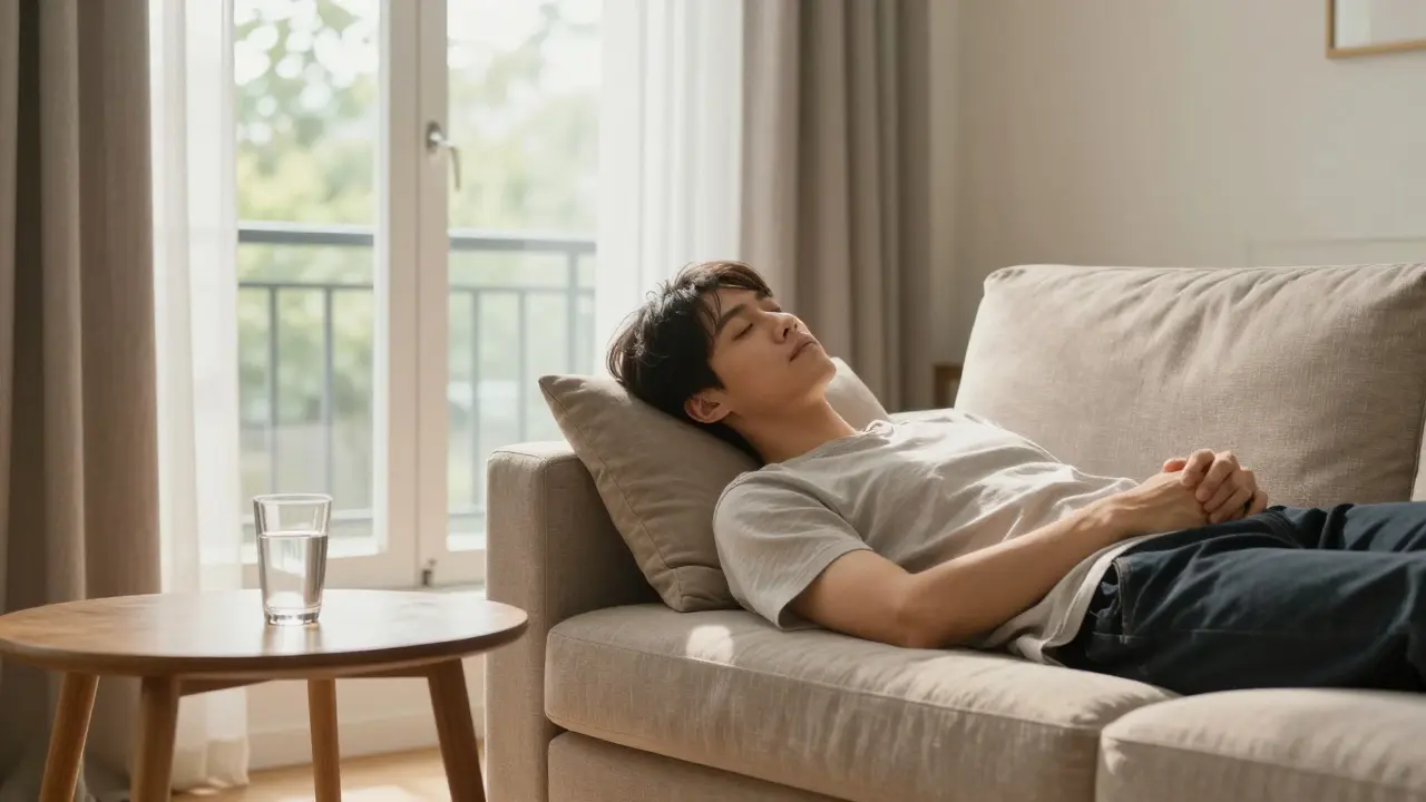 Entspannungsszene mit Person, Wasser und offener Raumbeleuchtung.