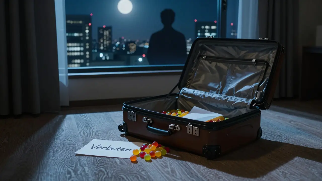 Geöffnete Reisetasche in Japan mit CBN-Gummibärchen und einem 'Verboten'-Hinweis unter Mondlicht.