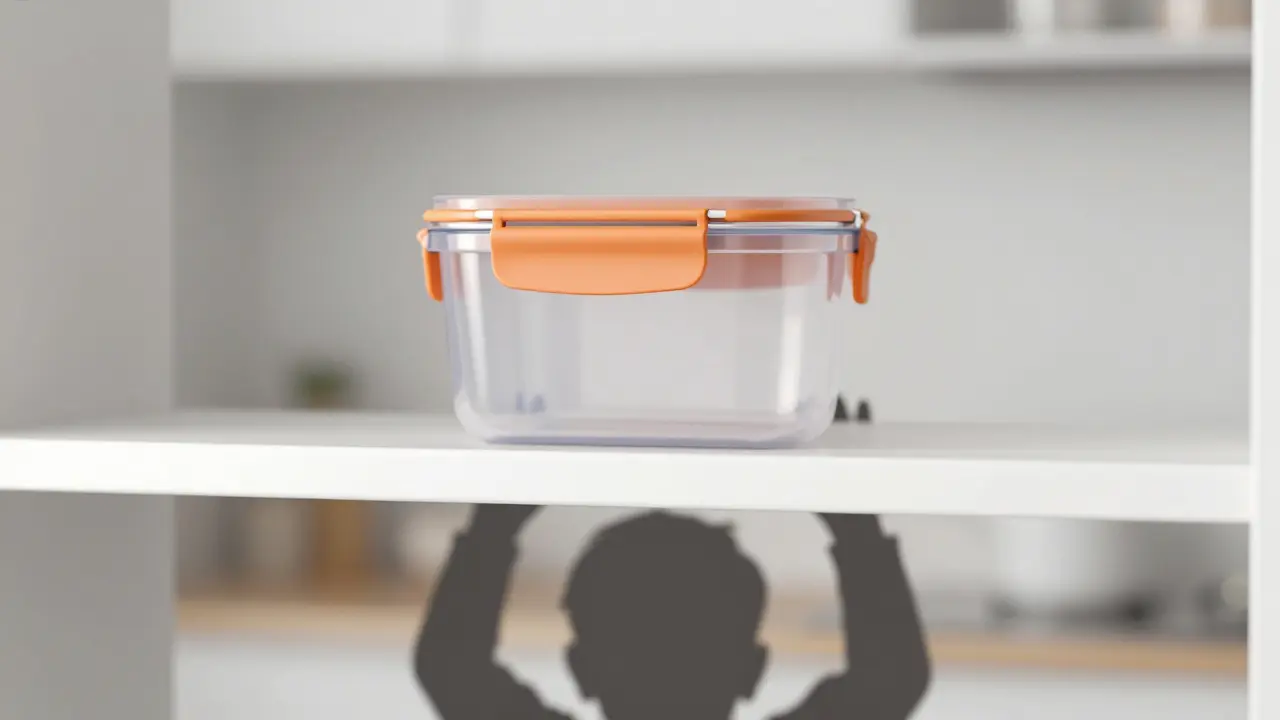 Geschlossener Behälter auf hohem Regal für Kindersicherheit.