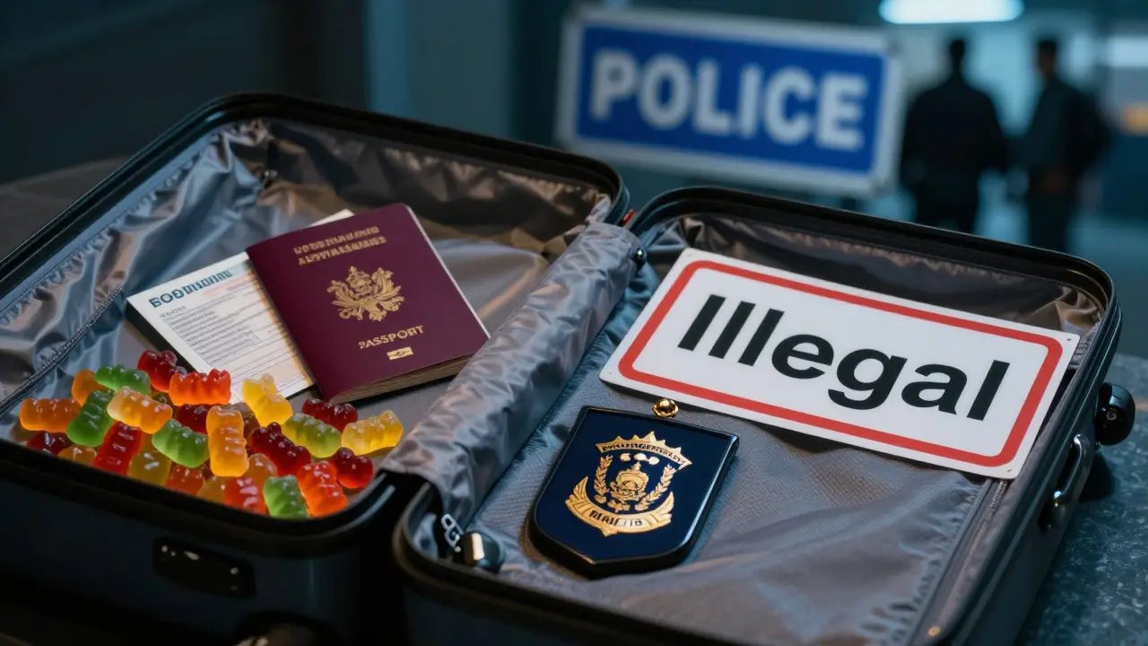 Koffer mit CBN-Gummibärchen und deutschen Dokumenten neben einem Warnsymbol für ein fremdes Land.