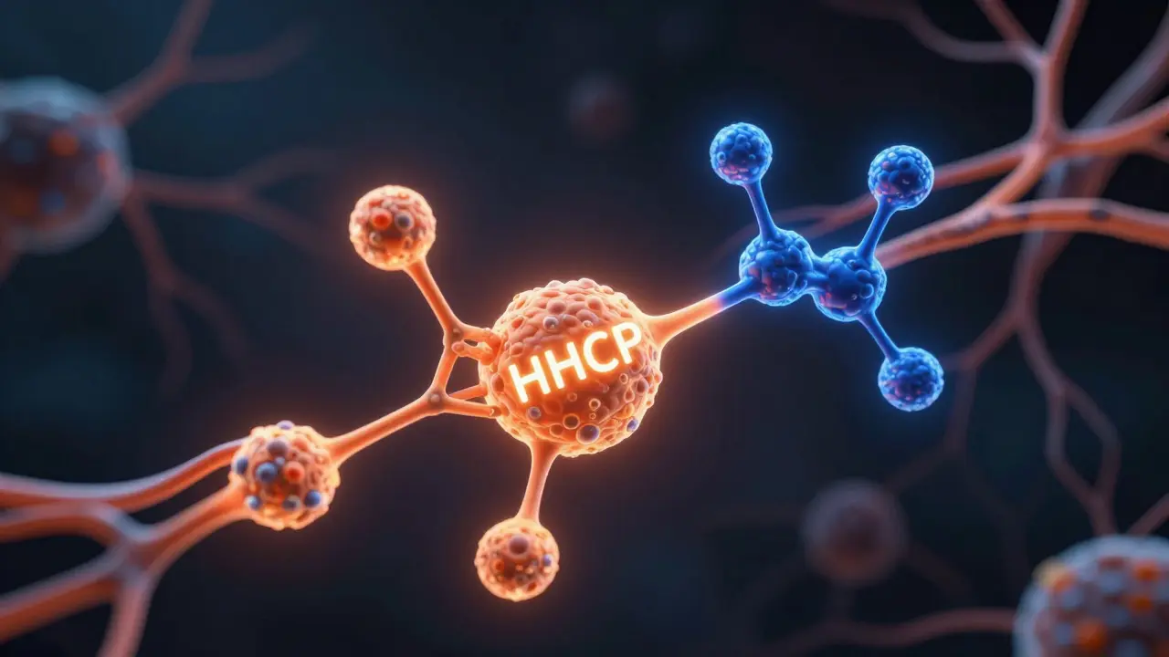 Molekulare Struktur von HHCP, die sich an CB1-Rezeptoren bindet, mit hervorgehobener Propyl-Kette im Vergleich zu THC.