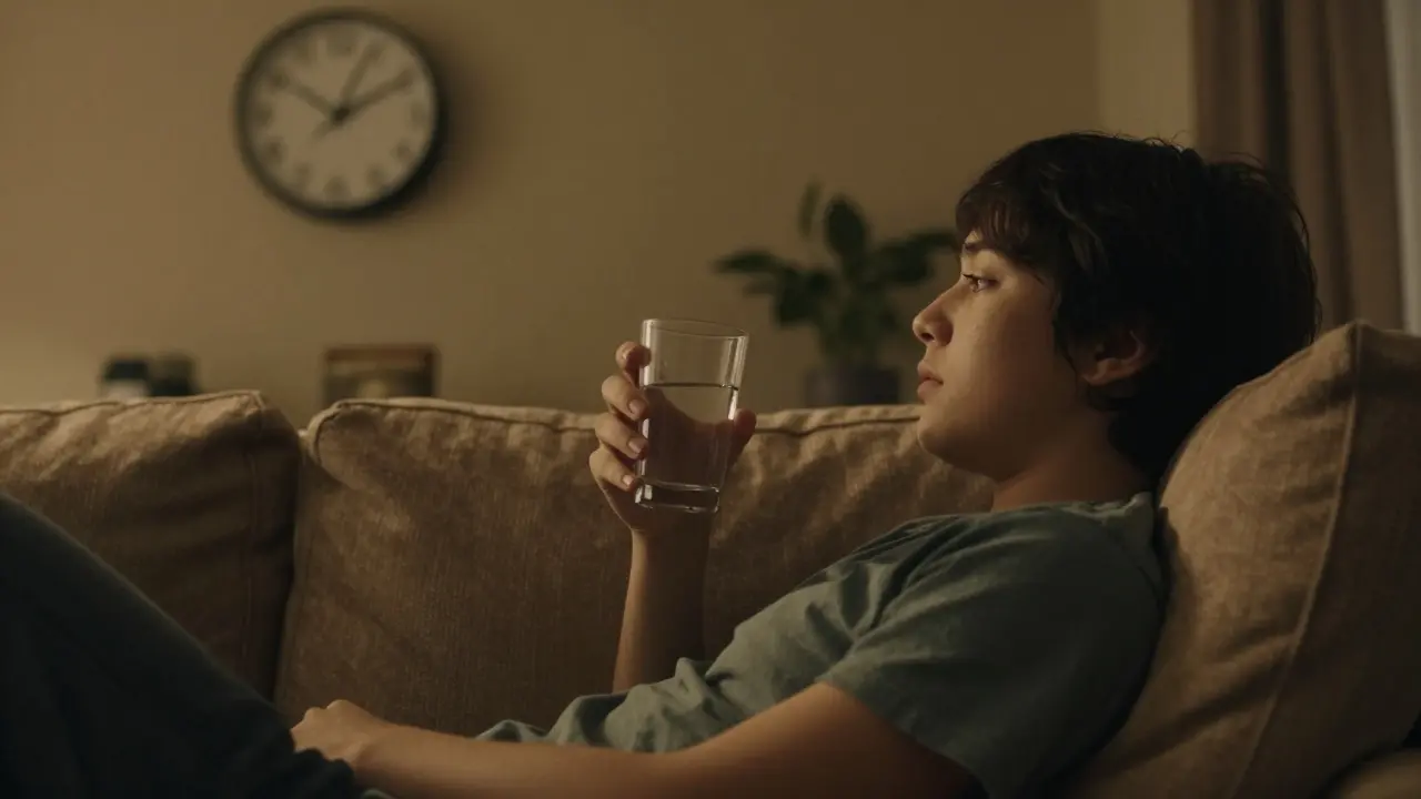 Person entspannt auf Sofa, Uhr im Hintergrund zeigt Zeit.