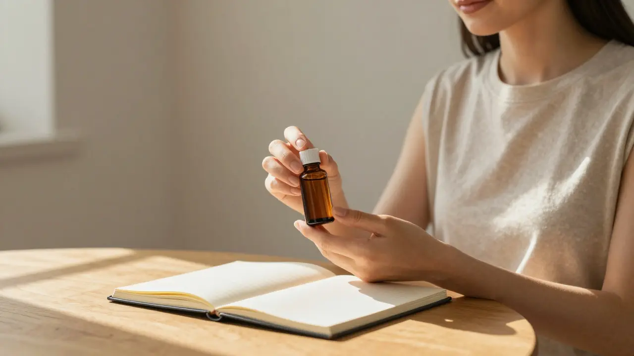 Person hält eine Tinkturflasche in einem hellen Raum für das Wohlbefinden.