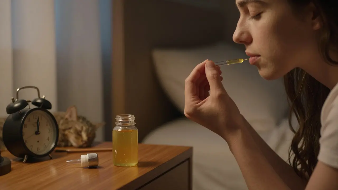 Person legt ein kleines CBD-Harz-stück unter die Zunge in einem ruhigen Schlafzimmer bei Nacht.