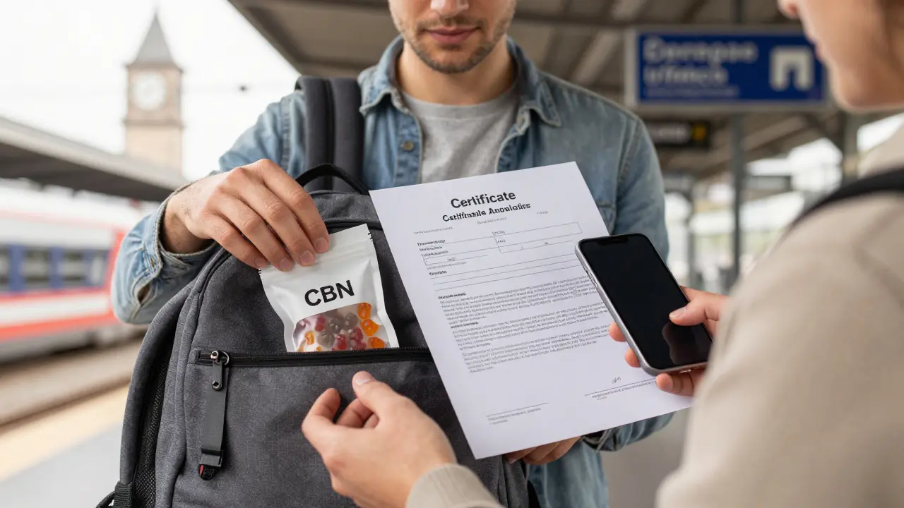 Reisende prüft den COA-Bericht und verstaucht CBN-Gummibärchen im Rucksack in einem europäischen Bahnhof.