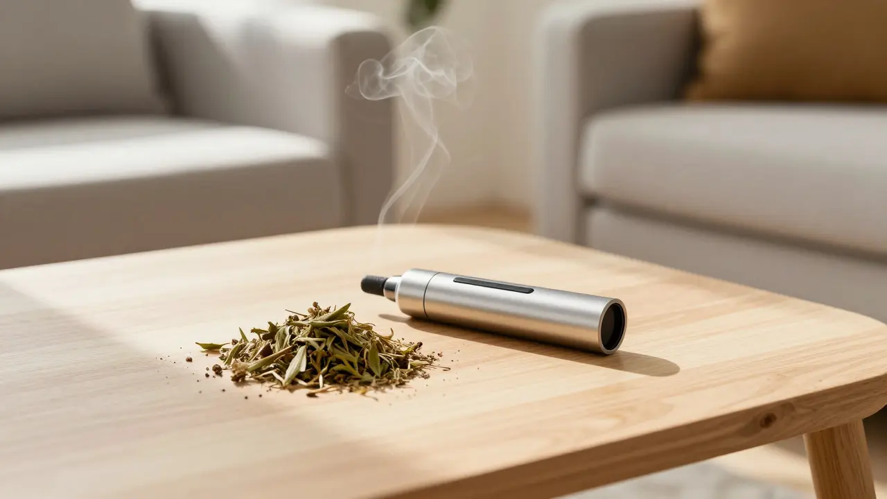 Saubere Dampfvorrichtung auf Holzoberfläche ohne sichtbaren Rauch oder Asche.