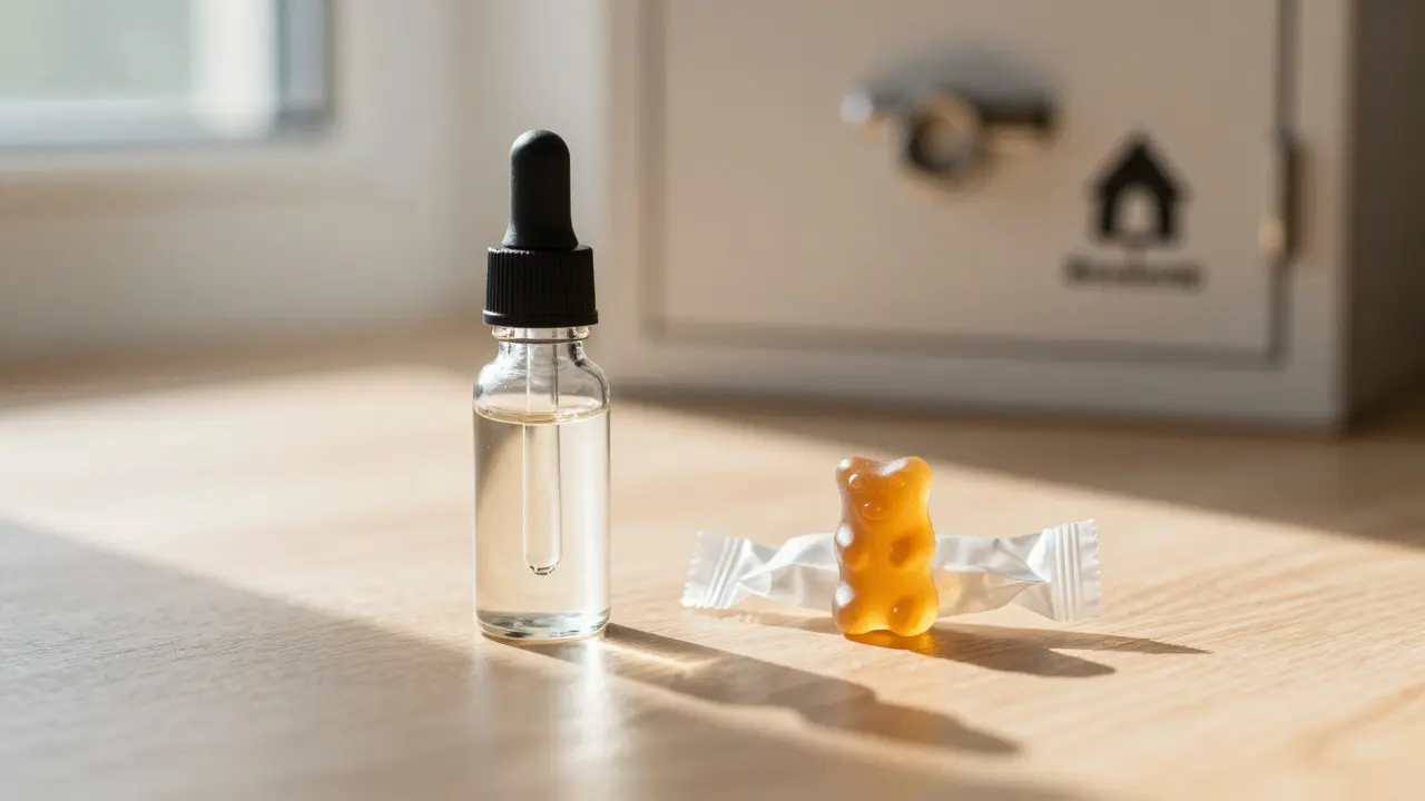 Vergleichsszene zwischen Tinkturflasche und Gummibärchen auf Holz.