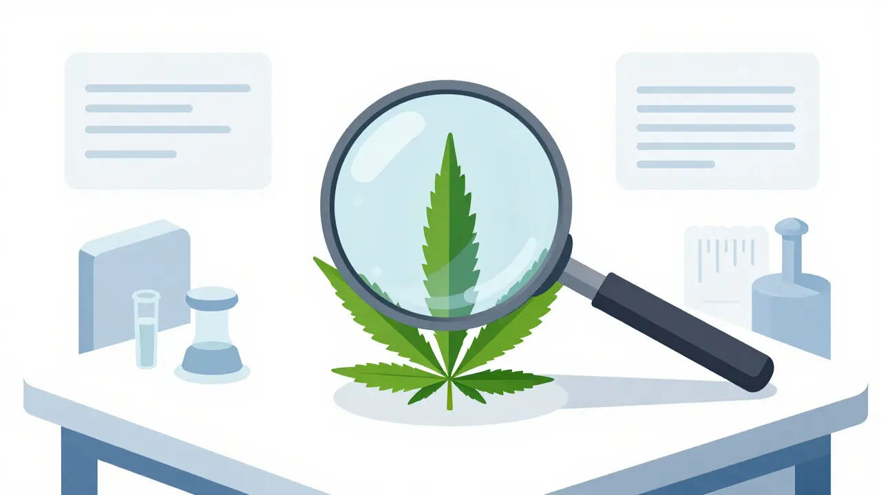 Vergrößerungsglas untersucht Pflanzenprobe zur Sicherstellung der Reinheit.