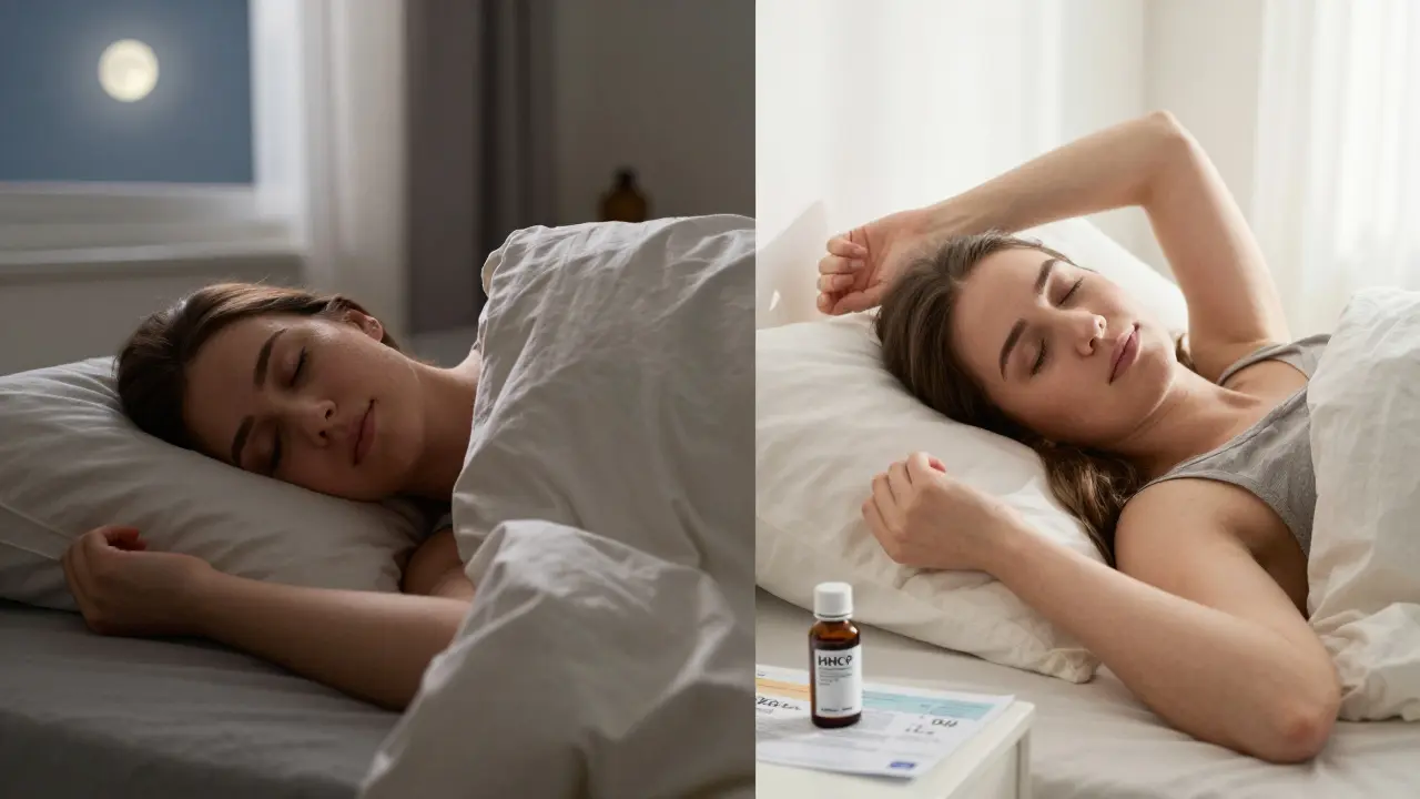 Zwei Szenen: eine Person tief und ruhig schlafend, dann frisch und ausgeruht am Morgen ohne Benommenheit.