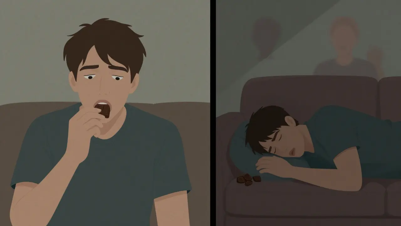 Zwei Szenen: jemand isst zu viel Edible und erleidet später eine überwältigende Wirkung.