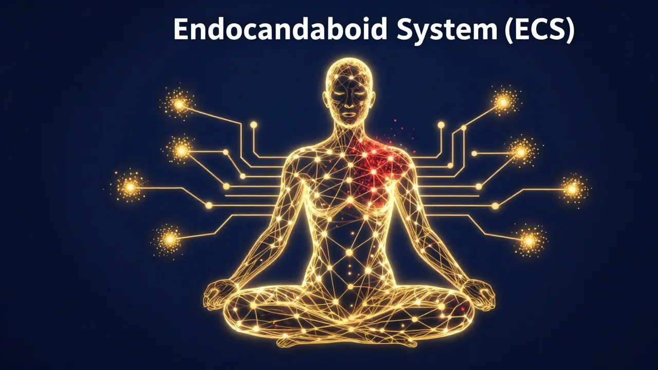 Abstrakte Darstellung des Endocannabinoid-Systems als goldenes Netzwerk im menschlichen Körper.