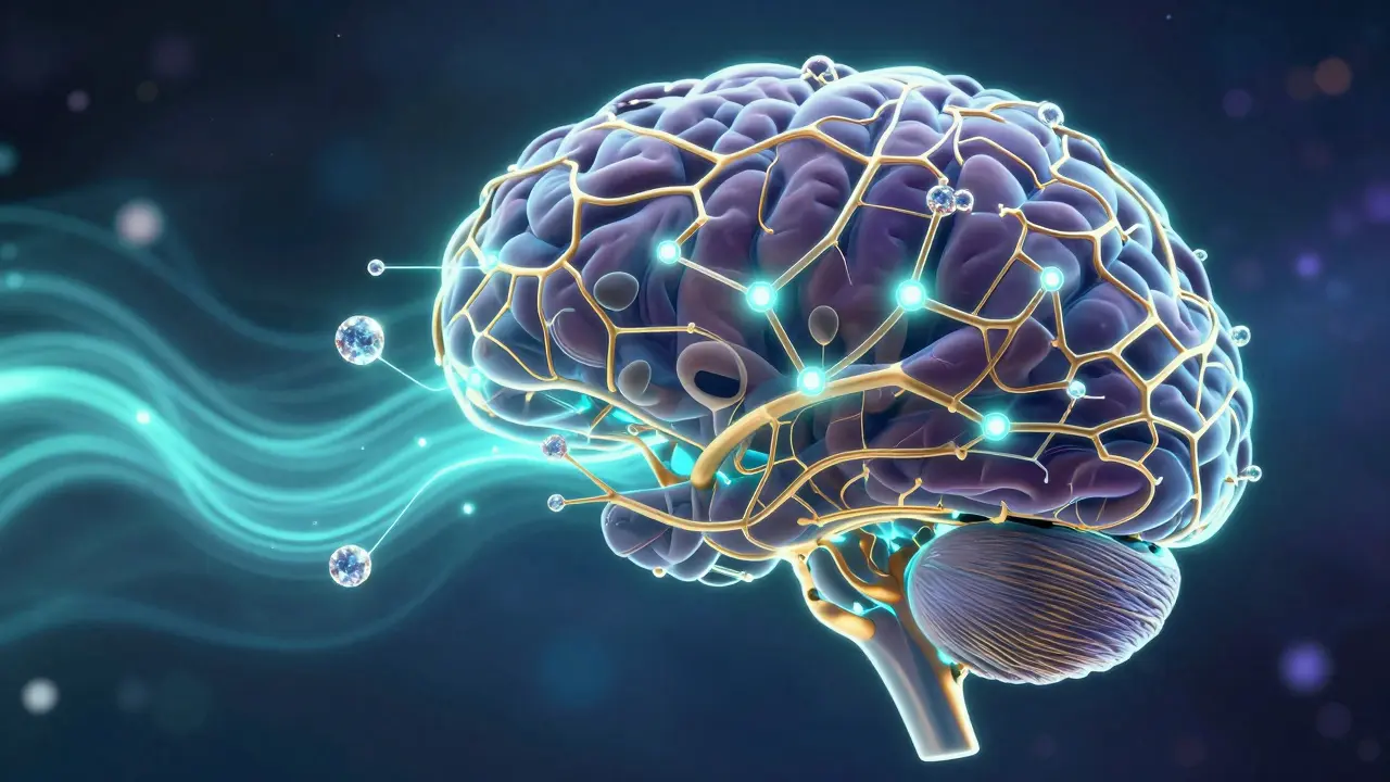 Abstrakte Visualisierung von HHC-Molekülen, die an Rezeptoren im Gehirn binden.