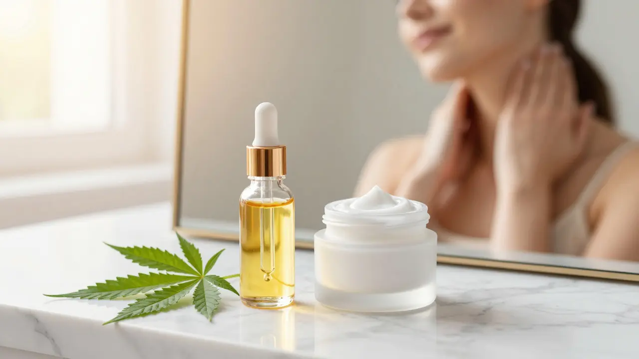 CBD-Hautpflegeprodukte auf einem Marmortisch neben einem grünen Hanfblatt.