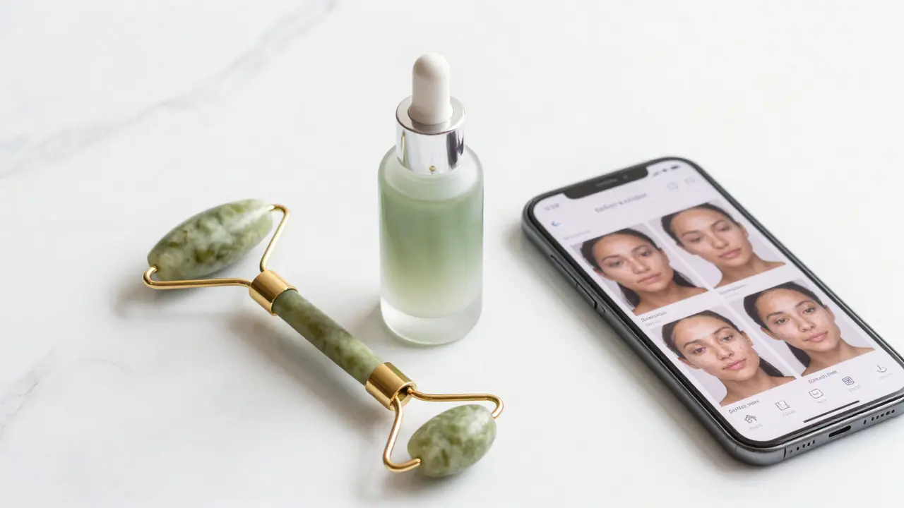CBD-Serum und Jade-Roller neben Fortschrittsfotos auf Marmor