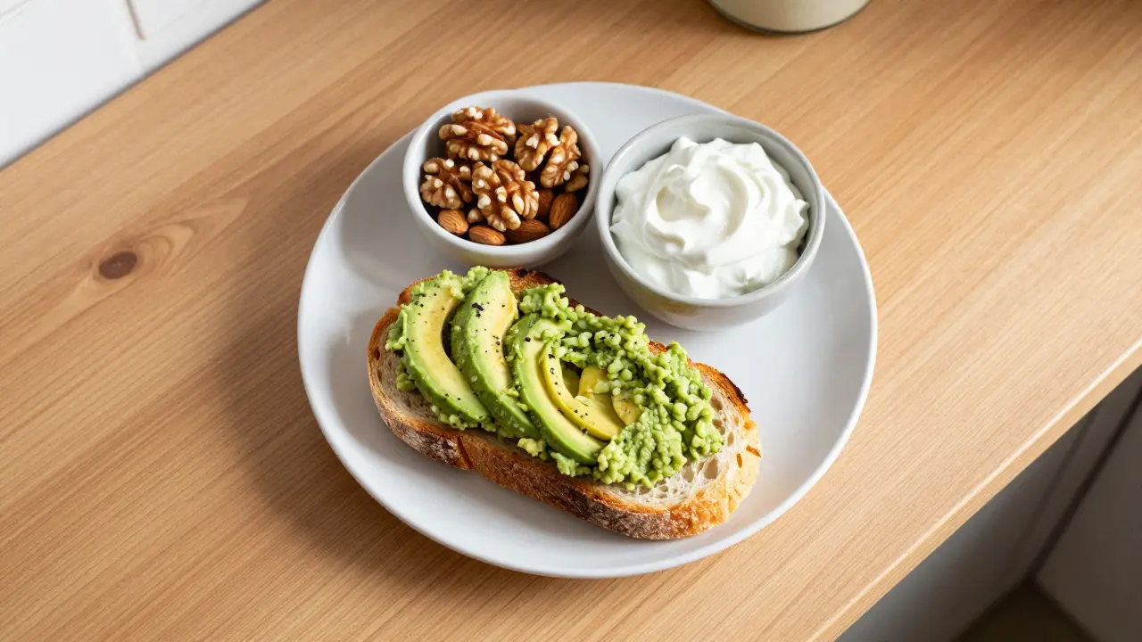 Ein gesundes Frühstück mit Avocado-Toast und Nüssen als ideale Fettquelle für Edibles.