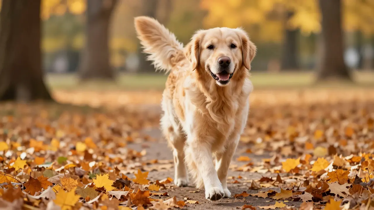 Ein glücklicher, älterer Golden Retriever, der gesund durch einen herbstlichen Park läuft.