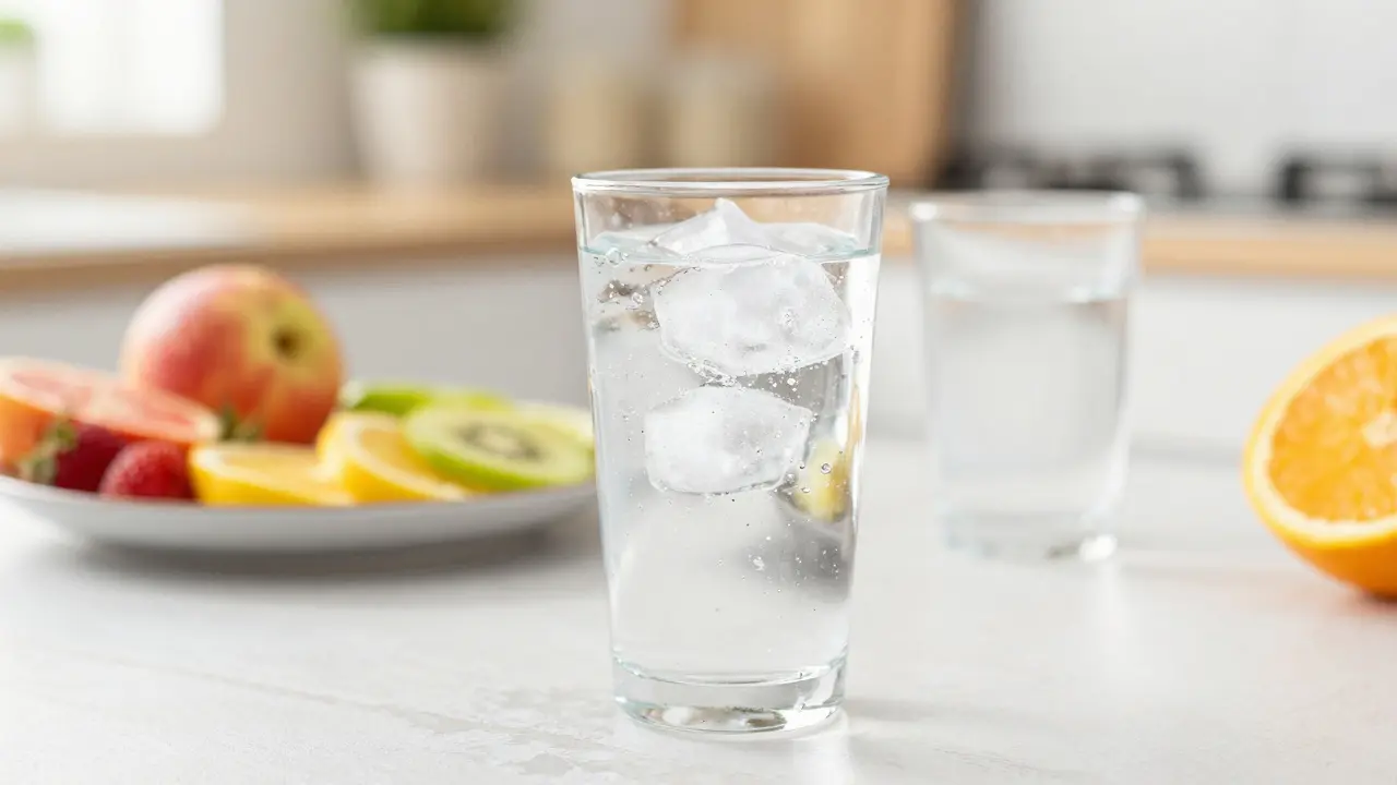 Ein großes Glas frisches Wasser auf einem hellen Frühstückstisch zur Hydrierung.