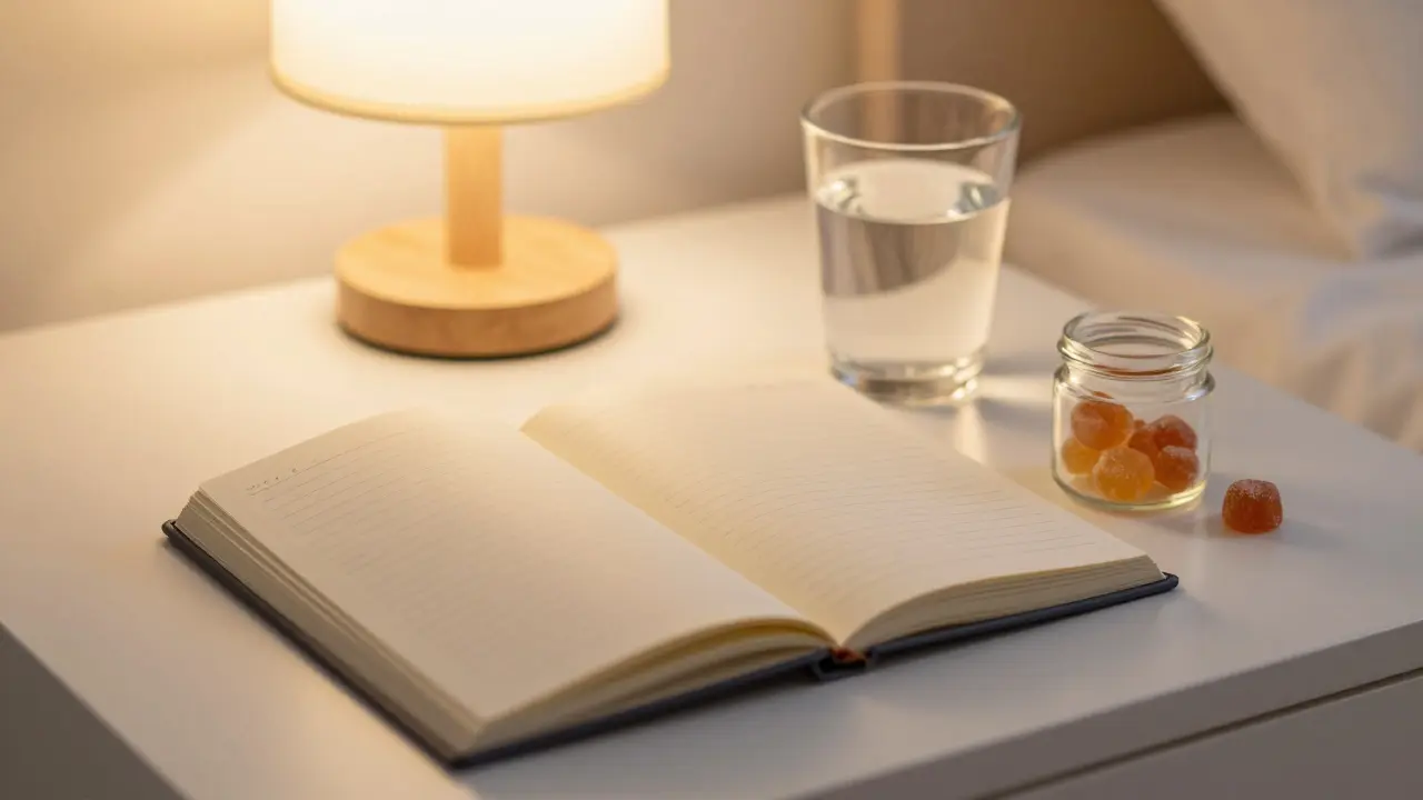Ein Wellness-Tagebuch neben CBD-Gummies auf einem Nachttisch am Abend.