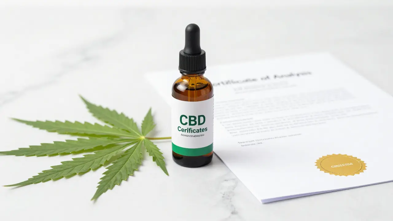 Eine CBD-Ölflasche für Hunde neben einem Laborzertifikat und einem Hanfblatt.
