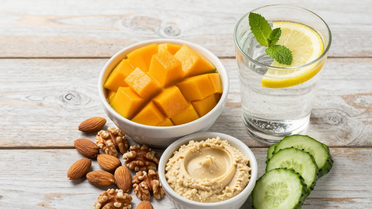 Eine gesund zusammengestellte Snackplatte mit Mango, Nüssen, Hummus und Gurken.