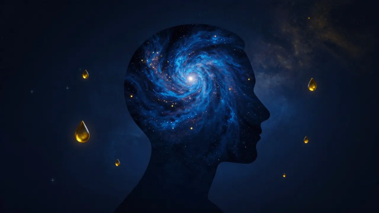 Eine künstlerische Darstellung eines ruhigen Kopfes in blauen und goldenen Farben für besseren Schlaf.