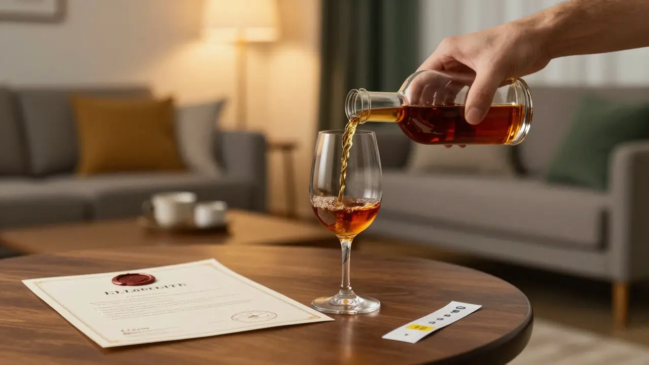 Einschenken von Cannabis-Wein in ein Glas neben einem Zertifikat in einer gemütlichen Atmosphäre.