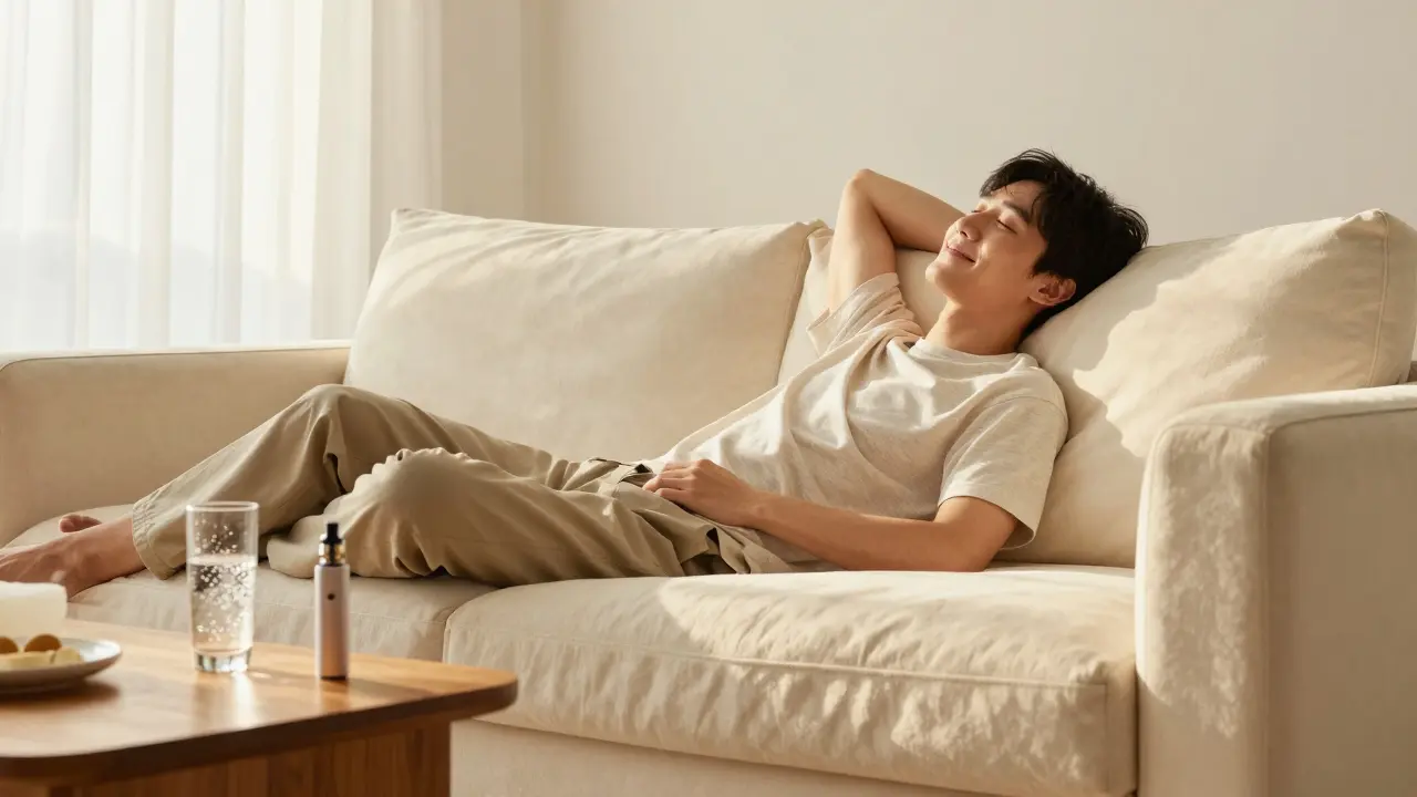 Entspannte Person in einem sonnendurchfluteten Wohnzimmer, die Euphorie genießt.