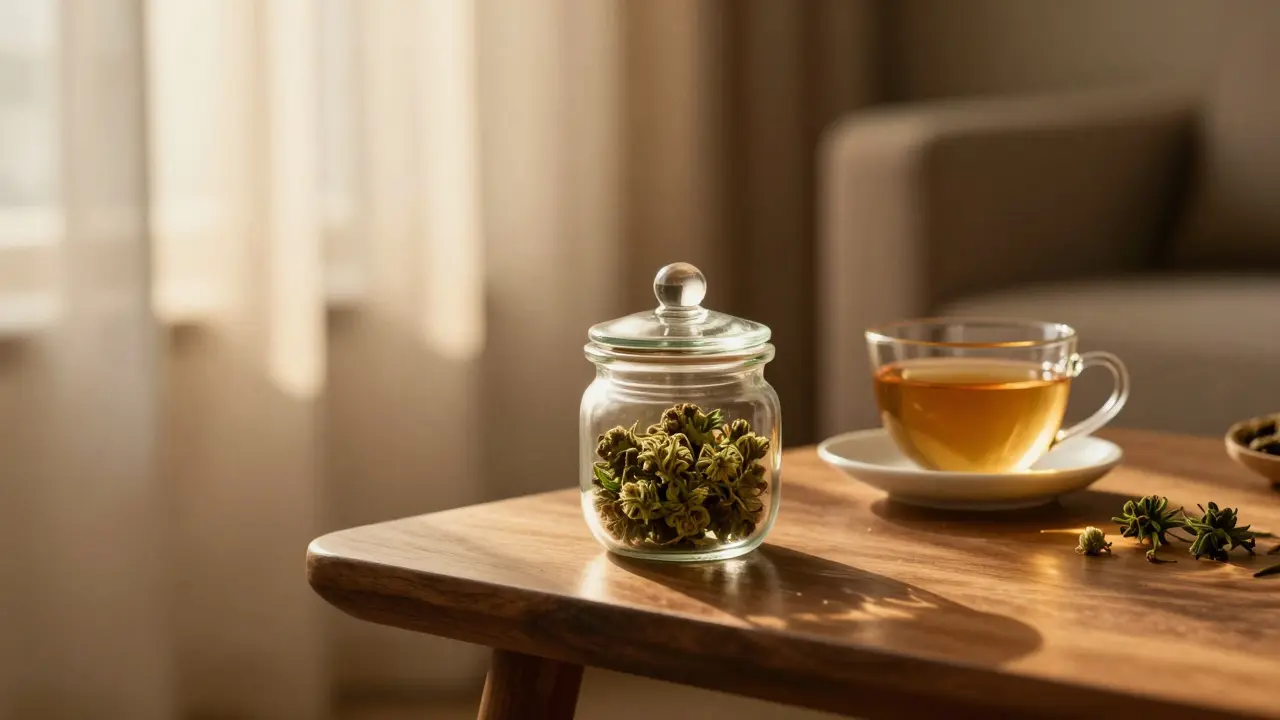Gemütliche Szene mit einem Glasgefäß voller CBD-Blüten und einer Tasse Tee bei Sonnenuntergang.