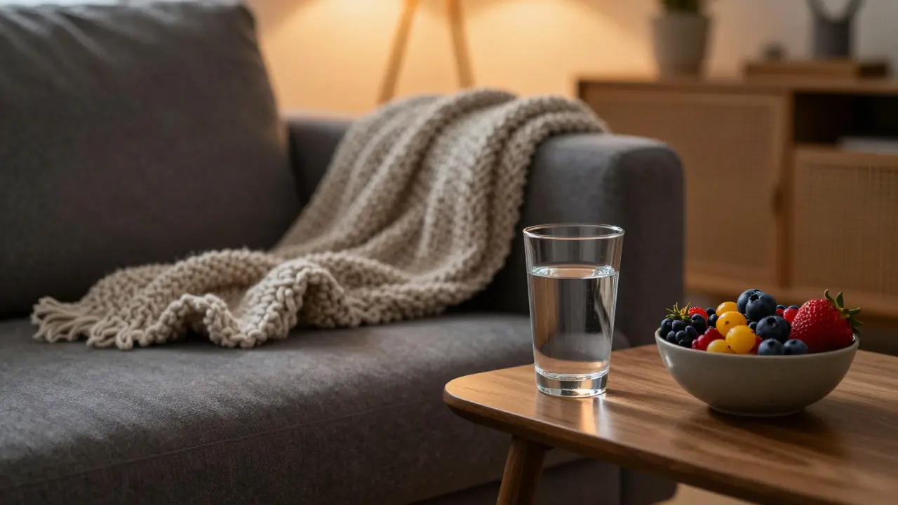 Gemütliche Wohnzimmerecke mit Wasser und Obst als sicherer Ort zur Entspannung.