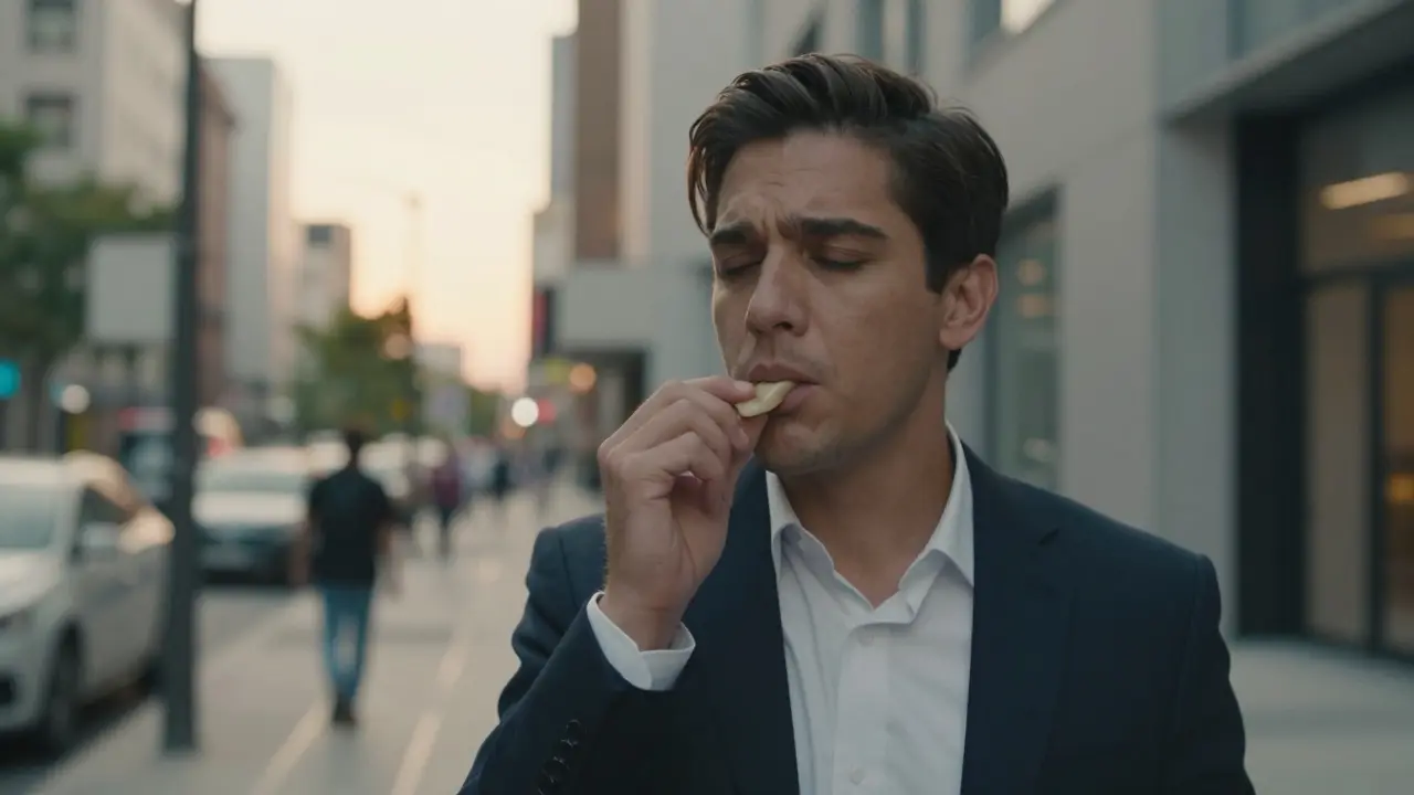 Gestresster Geschäftsmann findet Ruhe durch CBD Kaugummi im Alltag.