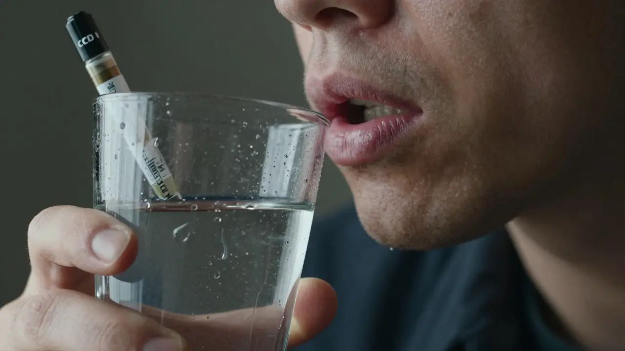 Hand greift nach Wasserglas bei extrem trockenem Mund