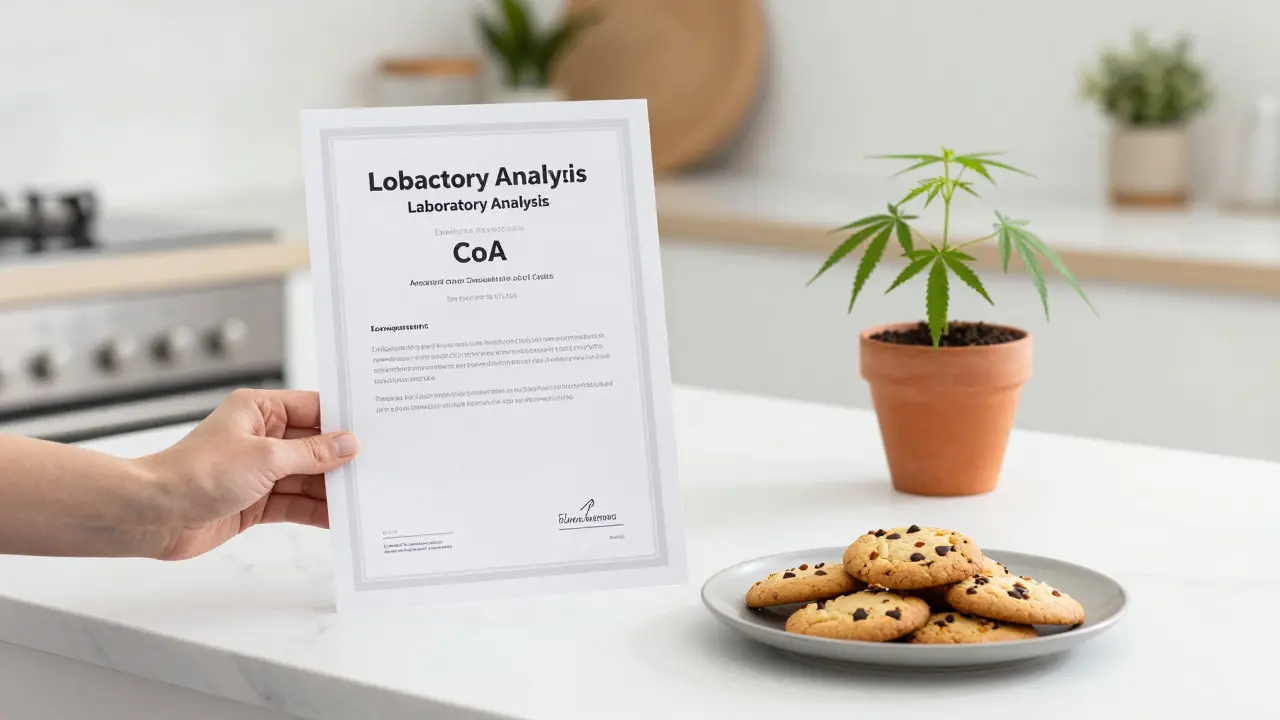 Hand hält ein Laborzertifikat neben CBD-Keksen in einer hellen, modernen Küche.