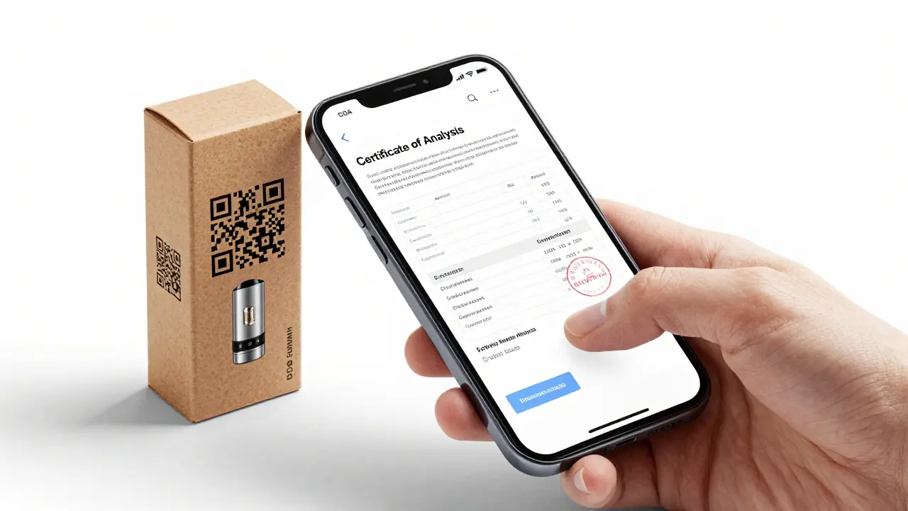 Hand scannt QR-Code auf einer Verpackung, um ein Labortest-Zertifikat auf dem Smartphone zu prüfen.
