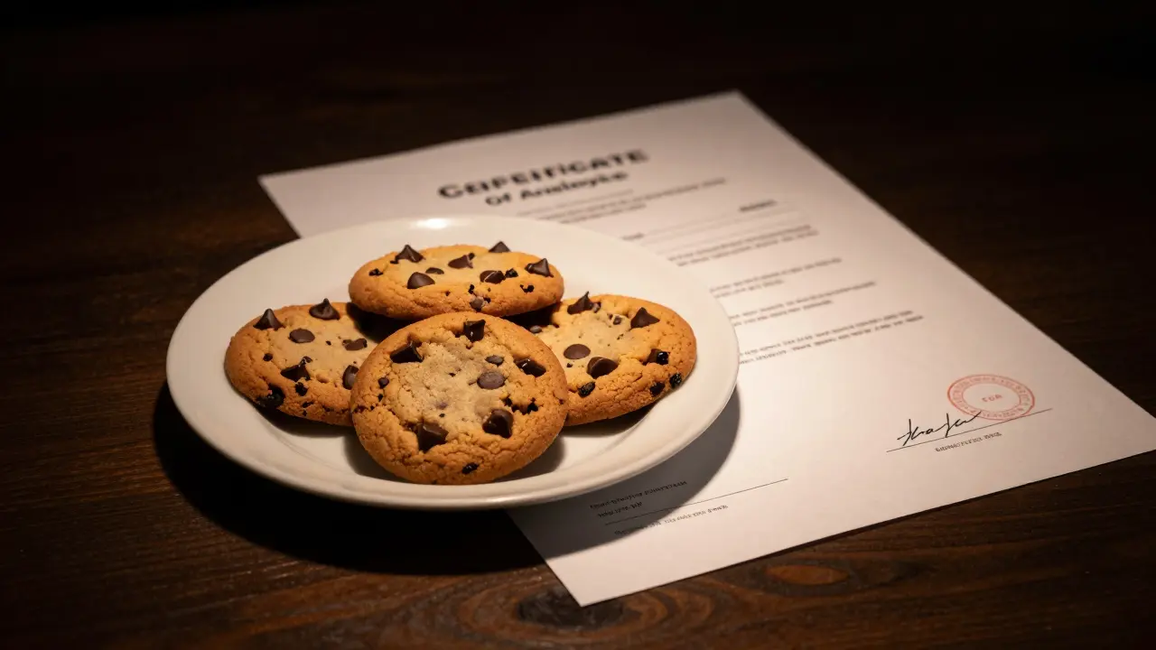 HHC-Cookies auf einem Tisch neben einem Laborzertifikat