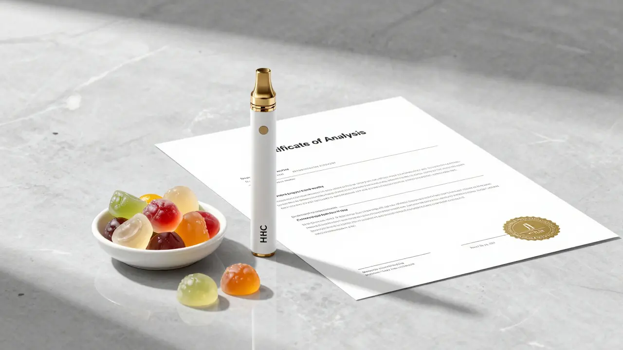 HHC-Vape und Gummies neben einem Laborzertifikat auf Marmor