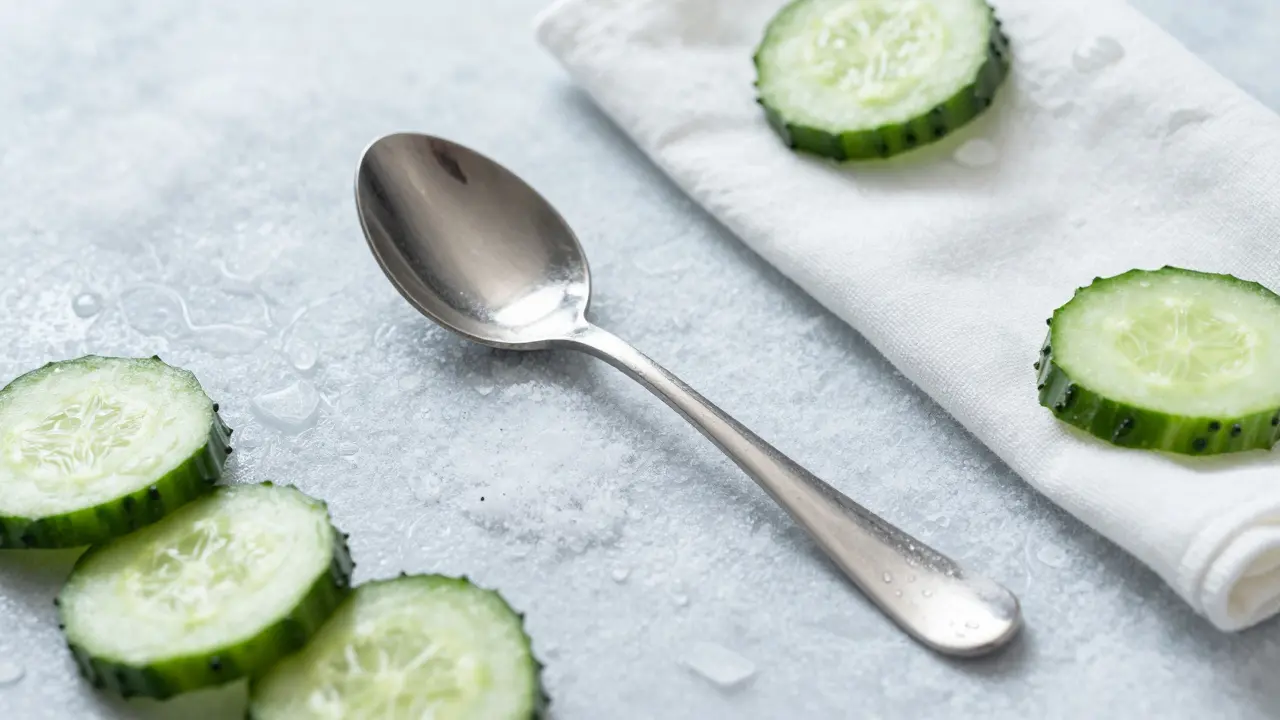 Kalte Löffel und Gurkenscheiben zur Kühlung geschwollener Augen.