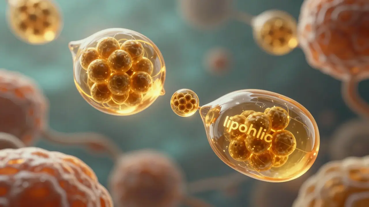 Konzeptdarstellung von THC-Molekülen, die durch Fetttröpfchen im Körper transportiert werden.