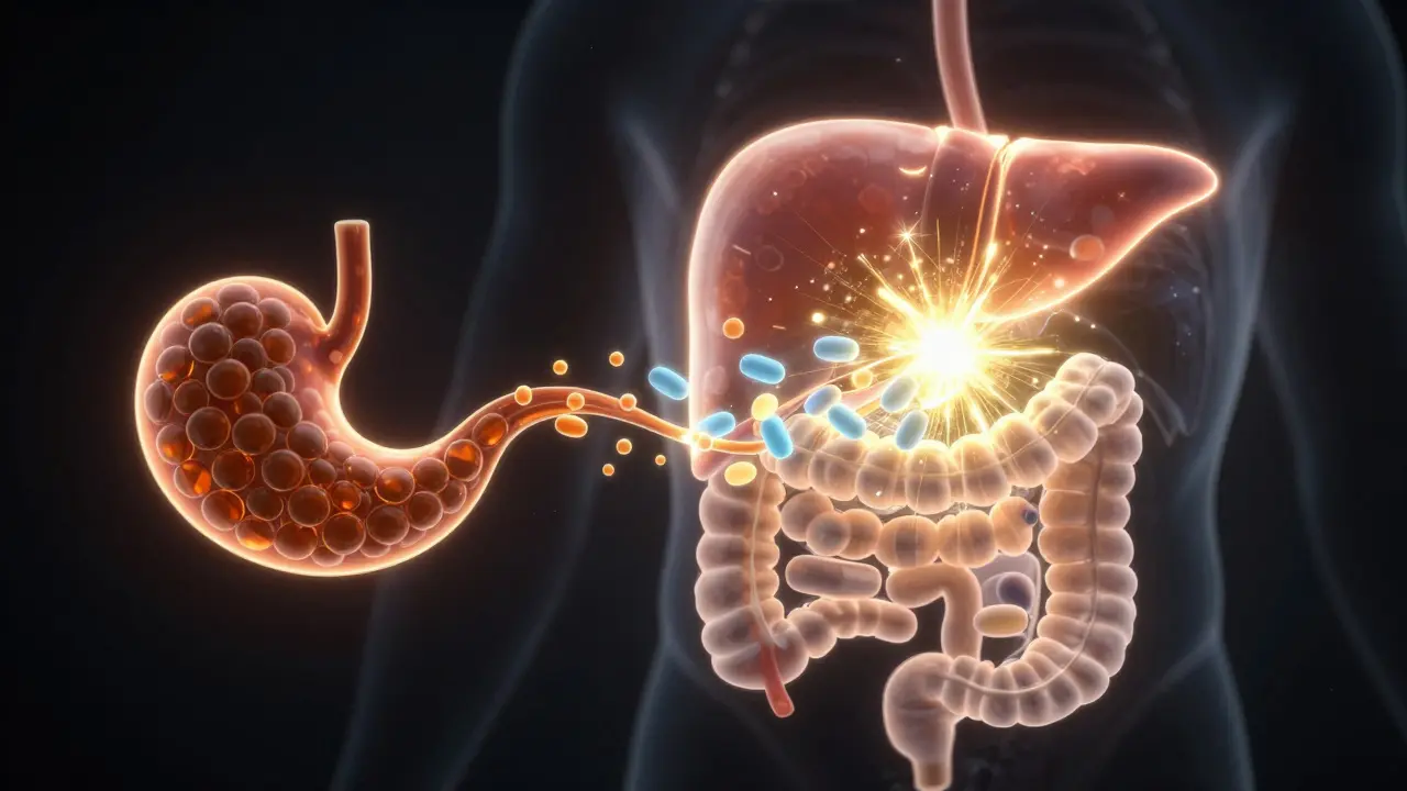 Konzeptuelle Darstellung der THC-Umwandlung in der Leber nach dem Verzehr von Edibles.