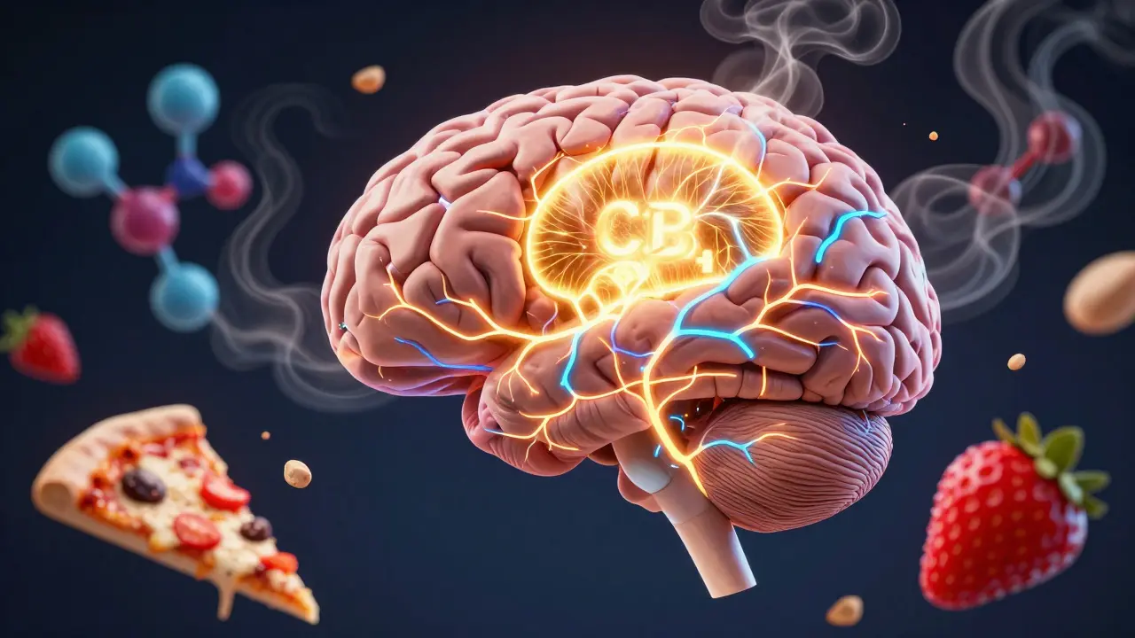 Konzeptuelle Darstellung des Gehirns mit leuchtenden Rezeptoren und schwebenden Lebensmitteln.