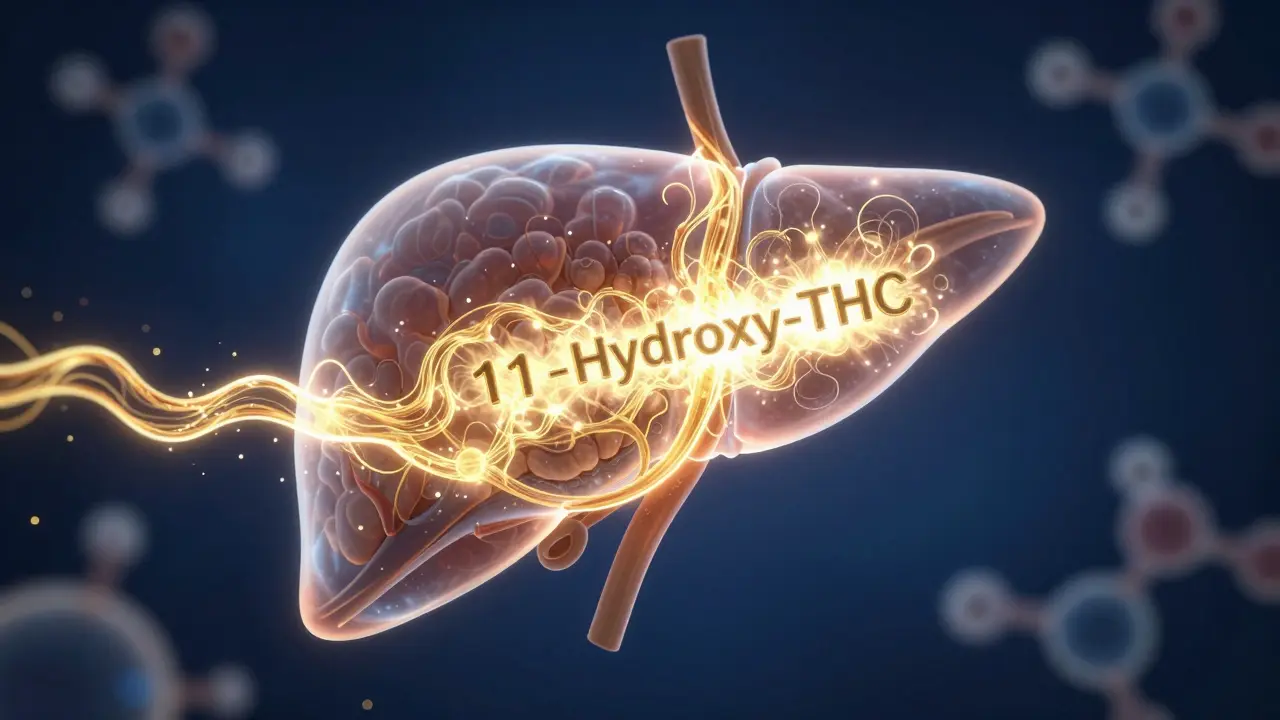 Konzeptuelle Darstellung des THC-Wegs durch die Leber im Körper.