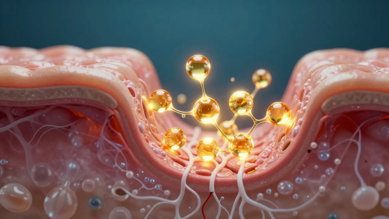 Konzeptuelle Darstellung von CBD-Molekülen, die die Hautstruktur reparieren.
